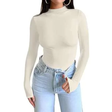 PINKMSTYLE Womens Mock Turtleneck Long Sleeve Tops Double Lined Tight Shirts Base Layer Fall Outfits Cream Medium