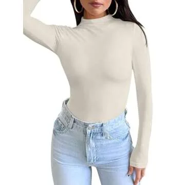 PINKMSTYLE Womens Mock Turtleneck Long Sleeve Tops Double Lined Tight Shirts Base Layer Fall Outfits Cream Medium