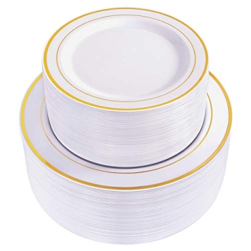 WDF 120 pieces Gold Disposable Plastic Plates - White and Gold Plates Include 10.25" Dinner Plates &...