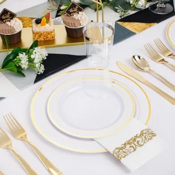 Gold Disposable Plastic Plates Set for Elegant Events