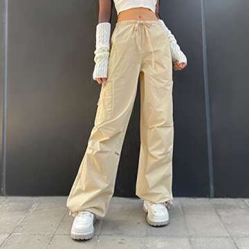 Womens Baggy Cargo Pants Casual Low Waist Adjustable Drawstring Joggers Sweatpants Trousers Punk Streetwear Apricot
