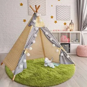 Chicrug Fluffy Round Area Rugs for Girls Bedroom, 4x4 Feet Shaggy Circle Area Rug for Living Room, Soft Fuzzy Carpets for Princess Room, Cute Rug Kids Circular Playmats for Baby Nursery Home, Green