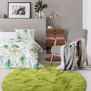 Chicrug Fluffy Round Area Rugs for Girls Bedroom, 4x4 Feet Shaggy Circle Area Rug for Living Room, Soft Fuzzy Carpets for Princess Room, Cute Rug Kids Circular Playmats for Baby Nursery Home, Green