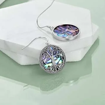 POPLYKE Celtic Tree of Life Earrings for Women Sterling Silver Celtic Knot Family Tree Abalone Shell Dangle Drop Earrings Birthday Gifts
