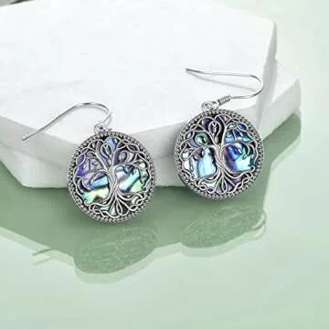 POPLYKE Celtic Tree of Life Earrings for Women Sterling Silver Celtic Knot Family Tree Abalone Shell Dangle Drop Earrings Birthday Gifts