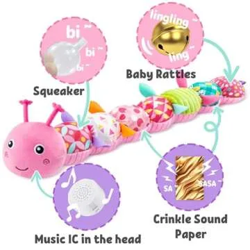 LIGHTDESIRE Baby Toys Musical Caterpillar,Infant Stuffed Animal Toys with Crinkle and Rattles,Soft Sensory Toys with Textures for Tummy Time Newborn Boys Girls 0 3 6 12 Months(Pink)