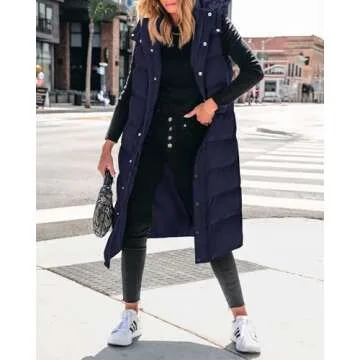 BTFBM Long Puffer Vest Women Quilted Hooded Button Down Zip Up Sleeveless Vests Outerwear Padded Jacket Fall Winter Coat(Navy, Small)