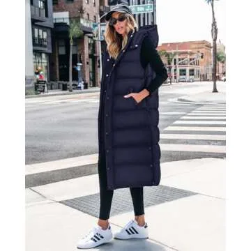 BTFBM Long Puffer Vest Women Quilted Hooded Button Down Zip Up Sleeveless Vests Outerwear Padded Jacket Fall Winter Coat(Navy, Small)