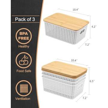 Plastic Storage Bins With Bamboo Lid Pantry Organization and Storage Baskets Containers Lidded Organ...