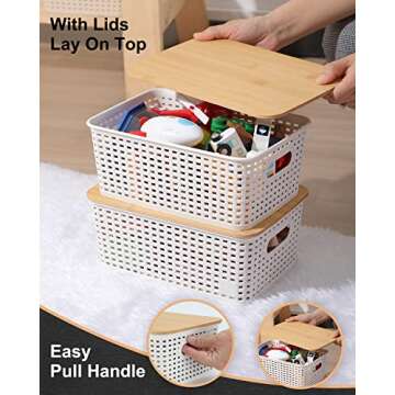Plastic Storage Bins With Bamboo Lid Pantry Organization and Storage Baskets Containers Lidded Organizer Bins Small Baskets for Shelves Drawers Desktop Closet Playroom Classroom Office, 3 Pack