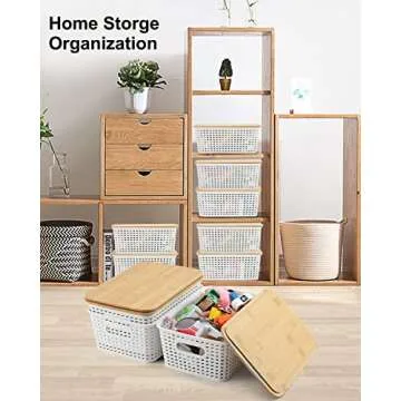 Plastic Storage Bins With Bamboo Lid Pantry Organization and Storage Baskets Containers Lidded Organizer Bins Small Baskets for Shelves Drawers Desktop Closet Playroom Classroom Office, 3 Pack