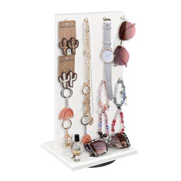 Ikee Design Wooden Rotating Two-Sided Jewelry Display Stand, Rotating Organizer with 32 Hooks for Store, Earring Keychain Display with Hooks, Wash White Color, 9 W x 7.5 D x 16.5 H in
