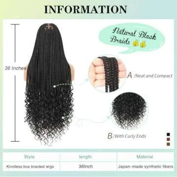 Fecihor 36 Inch 13X8 HD Lace Front Box Braided Wigs With Boho Curly Ends Knotless Braided Wig For Women Human Hair Blended Braids Lace Front Wig With Baby Hair Natural Black