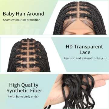 Fecihor 36 Inch 13X8 HD Lace Front Box Braided Wigs With Boho Curly Ends Knotless Braided Wig For Women Human Hair Blended Braids Lace Front Wig With Baby Hair Natural Black