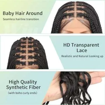 Fecihor 36 Inch 13X8 HD Lace Front Box Braided Wigs With Boho Curly Ends Knotless Braided Wig For Women Human Hair Blended Braids Lace Front Wig With Baby Hair Natural Black