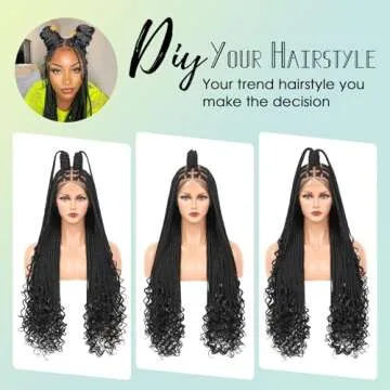 Fecihor 36 Inch 13X8 HD Lace Front Box Braided Wigs With Boho Curly Ends Knotless Braided Wig For Women Human Hair Blended Braids Lace Front Wig With Baby Hair Natural Black