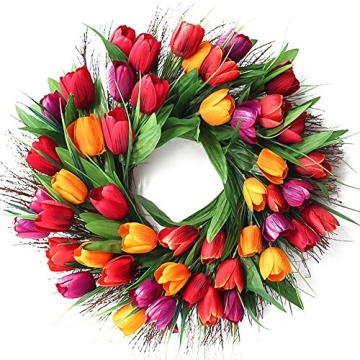 Hoomall 16" Tulip Wreath Spring Wreath, Spring Wreath for Front Door, Red Tulip Valentines Wreath fo...