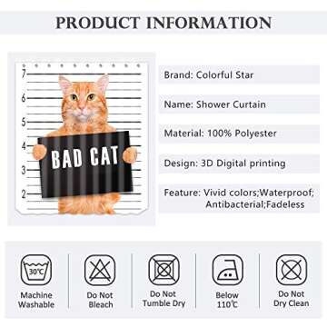 Colorful Star Funny Cartoon Shower Curtain with Hooks Polyester Fabric Waterproof Decorative Bathing Curtain Sets for Kids Bathroom Accessories 60"x72" - Bad Cat