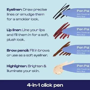 Alleyoop Pen Pal 4-in-1 Touch Up Makeup Pen - Eyeliner in Black, Lip Liner in Berry, Highlighter Stick in Champagne, Eyebrow Pencil in Brown - Travel Makeup Pen, Cruelty-Free & Vegan (Berry Busy)​