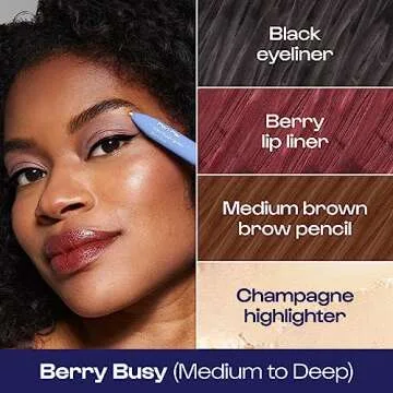 Alleyoop Pen Pal 4-in-1 Touch Up Makeup Pen - Eyeliner in Black, Lip Liner in Berry, Highlighter Stick in Champagne, Eyebrow Pencil in Brown - Travel Makeup Pen, Cruelty-Free & Vegan (Berry Busy)​