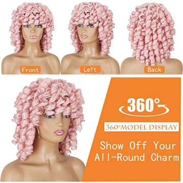 PHOENIXFLY Short Curly Wigs With Bangs Pink Afro Curly Synthetic Short Wigs for Black Women Short Pi...