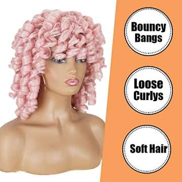 PHOENIXFLY Short Curly Wigs With Bangs Pink Afro Curly Synthetic Short Wigs for Black Women Short Pink Afro Curly Wigs For Women Short Wigs Heat Resistant Hair Replacement Wigs with Free Wig Caps