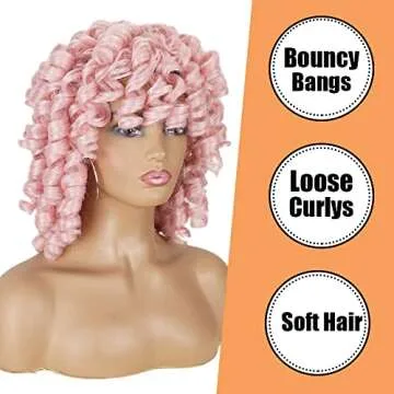 PHOENIXFLY Short Curly Wigs With Bangs Pink Afro Curly Synthetic Short Wigs for Black Women Short Pink Afro Curly Wigs For Women Short Wigs Heat Resistant Hair Replacement Wigs with Free Wig Caps