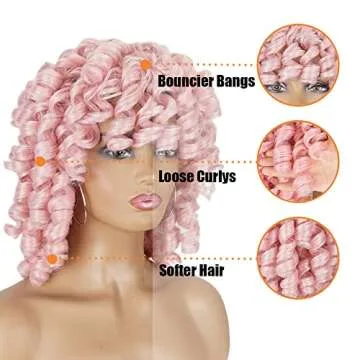 PHOENIXFLY Short Curly Wigs With Bangs Pink Afro Curly Synthetic Short Wigs for Black Women Short Pink Afro Curly Wigs For Women Short Wigs Heat Resistant Hair Replacement Wigs with Free Wig Caps