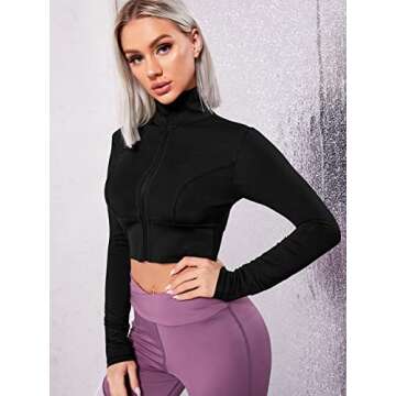 SOLY HUX Women's Lightweight Full Zip Athletic Long Sleeve Crop Running Workout Yoga Sportwear Jacket Plain Black XL