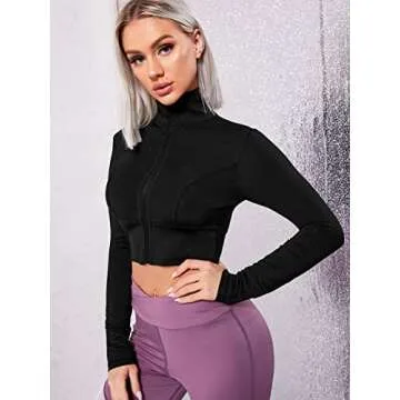 SOLY HUX Women's Lightweight Full Zip Athletic Long Sleeve Crop Running Workout Yoga Sportwear Jacket Plain Black XL
