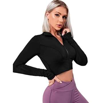SOLY HUX Women's Lightweight Full Zip Athletic Long Sleeve Crop Running Workout Yoga Sportwear Jacket Plain Black XL