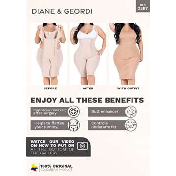 DIANE & GEORDI 2397 Fajas Colombianas Reductoras y Moldeadoras Post Surgery Liposuction Compression Garments Full Body Shaper for Women Beige L
