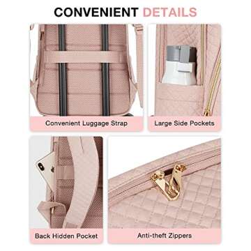 BAGSMART 15.6 Inch Pink Quilted Laptop Backpack for Women with USB Charging Port
