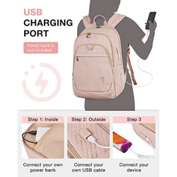 BAGSMART 15.6 Inch Pink Quilted Laptop Backpack for Women with USB Charging Port