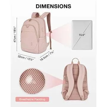 BAGSMART 15.6 Inch Pink Quilted Laptop Backpack for Women with USB Charging Port