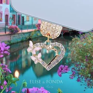 ELISE & FONDA CP620 USB Charging Port Crystal Anti Dust Plug Little Love Heart with Butterfly Phone ...