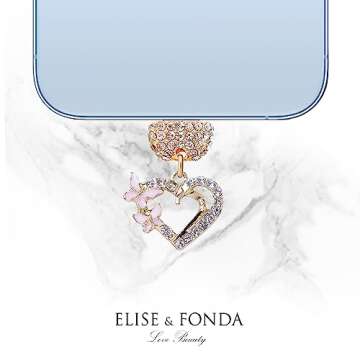 ELISE & FONDA CP620 USB Charging Port Crystal Anti Dust Plug Little Love Heart with Butterfly Phone Charm for iPhone 13/12/11/ XS MAX/XR/X/8 Plus/7/8/SE iPad iPod