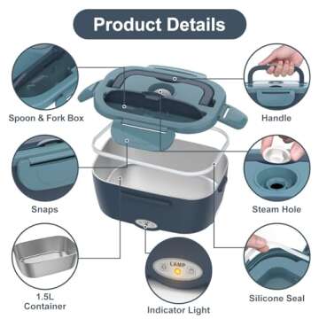 Vabaso Electric Lunch Box Food Heater, 80W Electric Heating Lunch Boxes Lunch for Adults/Men/Car/Truck/Work, 1.5L Removable 304 Stainless Steel Container, 110V/12V/24V, with Fork & Spoon