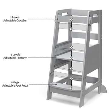 TOETOL Bamboo Toddler Step Stool with Adjustable Height Features