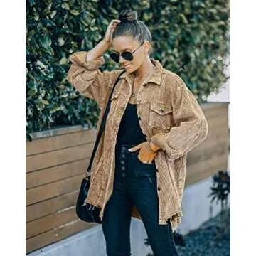 Hixiaohe Women's Casual Oversized Button Down Corduroy Shirt Jacket Coat Washed Retro Shacket(Khaki,...