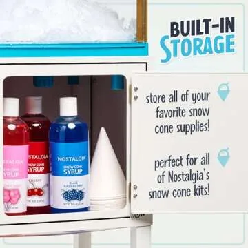 Nostalgia Snow Cone Shaved Ice Machine - Retro Cart Slushie Machine Makes 48 Icy Treats - Includes Metal Scoop, Storage Compartment, Wheels for Easy Mobility - White, Blue