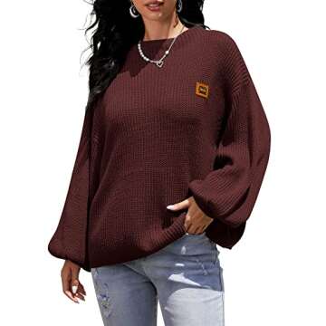 ZAFUL Women Crewneck Sweater Casual Long Sleeve Loose Knit Pullover Tops Dark Red