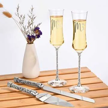 ROXBURGH Wedding Champagne Flutes and Cake knife Server Set, Mr and Mrs Champagne Flutes Glasses for Bride and Groom Cake Cutting set for Wedding Engagement
