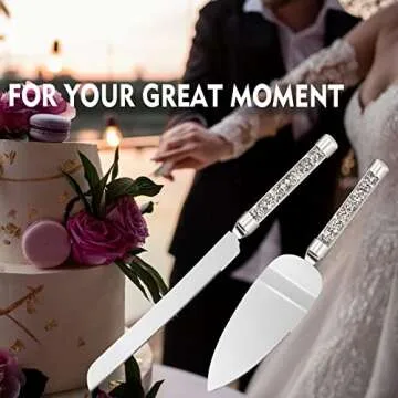 ROXBURGH Wedding Champagne Flutes and Cake knife Server Set, Mr and Mrs Champagne Flutes Glasses for Bride and Groom Cake Cutting set for Wedding Engagement