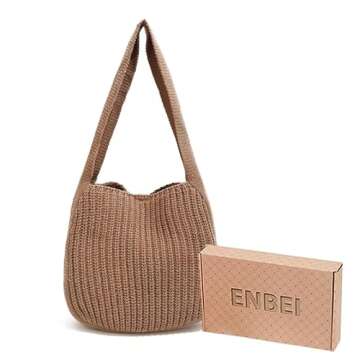ENBEI Women's Handcrafted Crochet Tote Bag Knit Shoulder bag,All-Season Handwoven Beach Bag, Cute Eco-Friendly Handmade Tote for Shopping, Travel, Daily Use, Gift Box Packaging(Light brown)