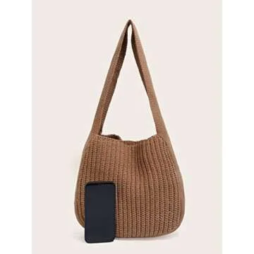ENBEI Women's Handcrafted Crochet Tote Bag Knit Shoulder bag,All-Season Handwoven Beach Bag, Cute Eco-Friendly Handmade Tote for Shopping, Travel, Daily Use, Gift Box Packaging(Light brown)