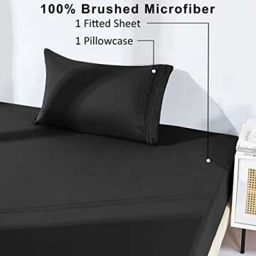 YIYEA Fitted Sheet with Pillowcase, 1800TC Hotel Quality Double Brushed Microfiber Deep Pocket Fitted Sheet Twin Size, Ultra Soft Fitted Bottom Sheet, Shrinkage, Fade Resistant (Twin, Black)