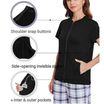 Deyeek Mastectomy Shirts with Drain Pockets Post Shoulder Surgery Shirts for Women Chemo Port Shirts for Women with Zippers Black