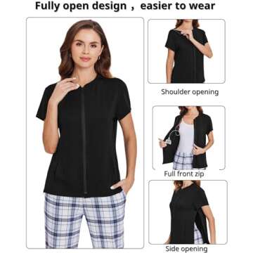 Deyeek Mastectomy Shirts with Drain Pockets Post Shoulder Surgery Shirts for Women Chemo Port Shirts for Women with Zippers Black