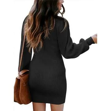 ANRABESS Women Long Sleeve Turtle Mock Neck Rib Knit Stretch Slim Fitted Bodycon Sweater Mini Short Dress 2024 Fall Outfits Black Medium